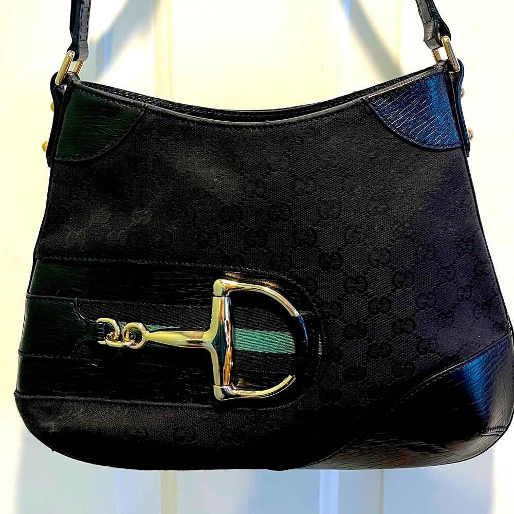 Auth GUCCI Horsebit Sherry GG Canvas Leather Shoulder Bag Black 137388